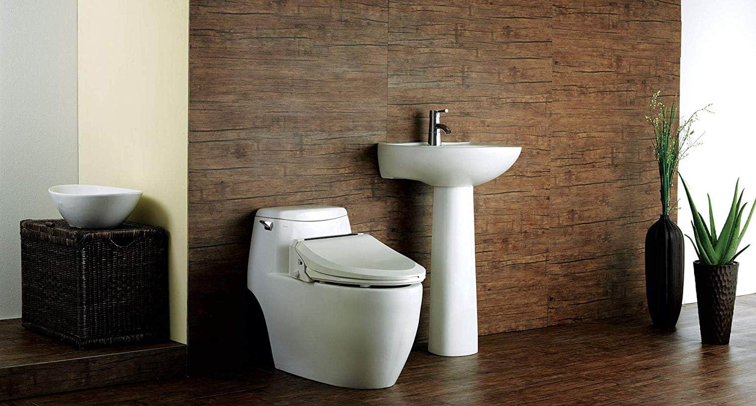 The image shows a bidet toilet installed next to a white basin inside a rustic-looking bathroom